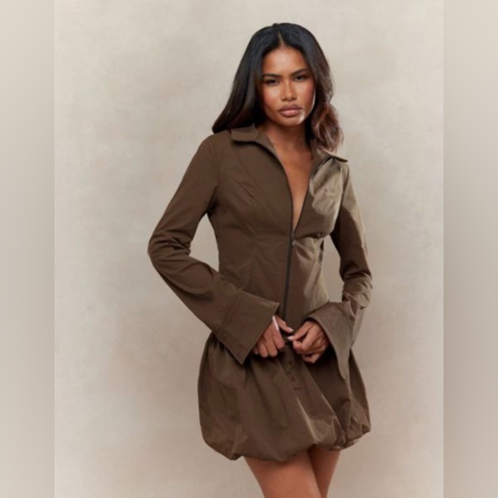 Zip Through Long Sleeves Shirt And Bubble Mini Skirt Two Piece Co-Ord Set.